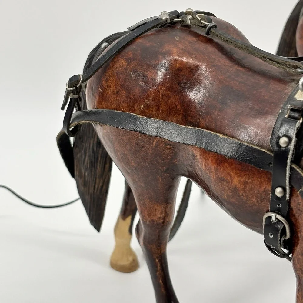 Rare Vintage Wooden Horses  With Tooled‎ Leather Bridle Reins Draft Team